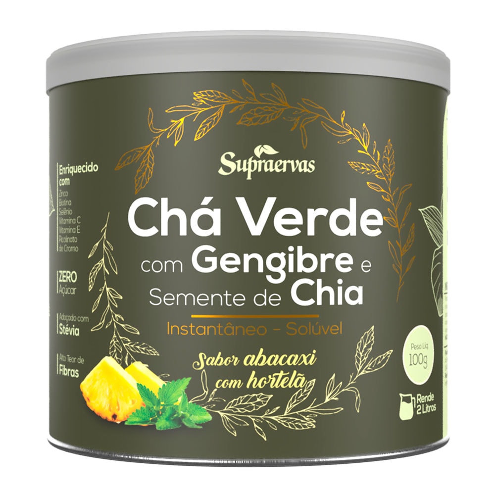 CHÁ VERDE c/Gengibre e Semente de Chia - Sabor Abacaxi c/Hortelã 100g
