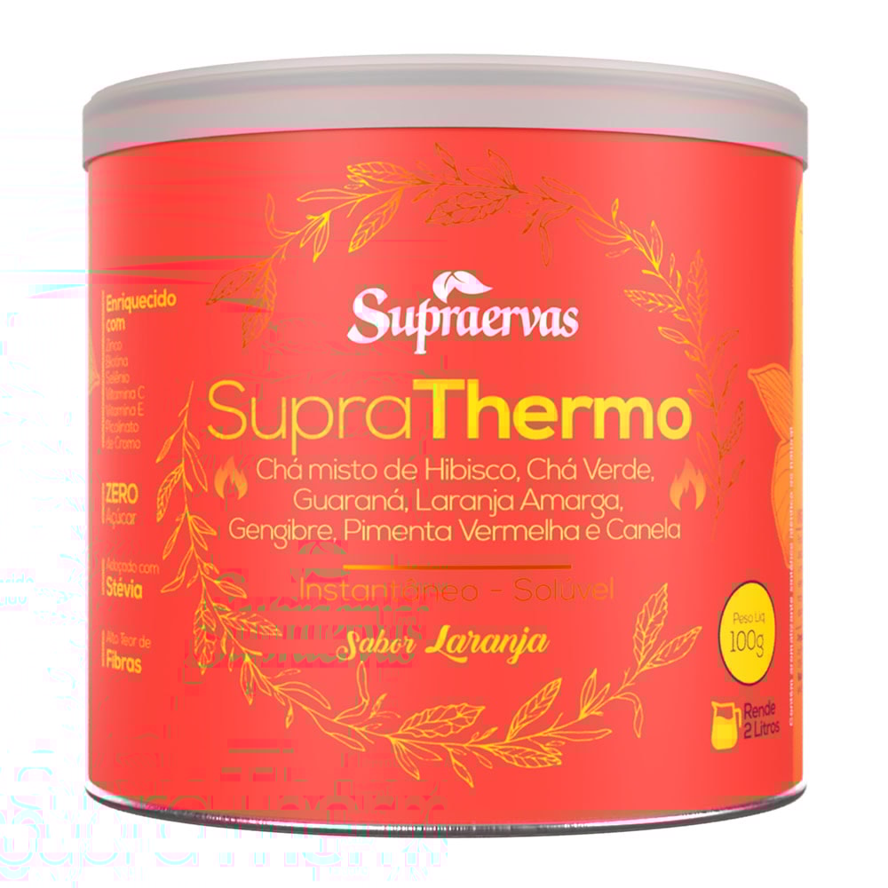 SUPRA THERMO - Chá Verde, Geng., Hib., Guaraná, L.Amarga, Pim. Vermelha e Canela - Sabor Laranja 100g